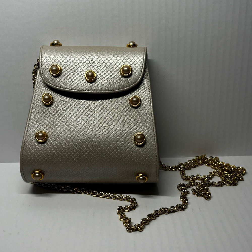 Nina Arjani - Metallic Cream Mini Crossbody Bag with Gold Studs and Chain